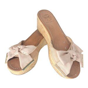 Tory Burch penny Leather Sole cork Wedge Sandals Bow Detail Size 6.5 Light Brown